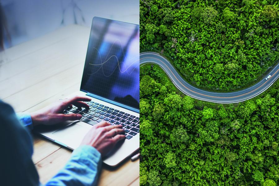 Montagem de duas imagens, com uma pessoa usando um computador do lado esquerdo, e um rio em uma floresta vista de cima do lado direito 