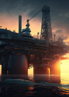 Plataforma de petróleo no oceano com o pôr do sol atrás