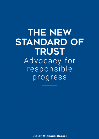 Imagem de um fundo azul com o texto "The New Standard Of Trust: Advocacy for responsible progress