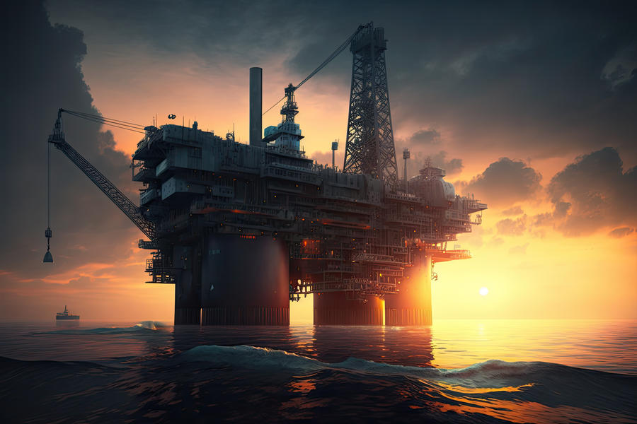 Plataforma de petróleo no oceano com o pôr do sol atrás